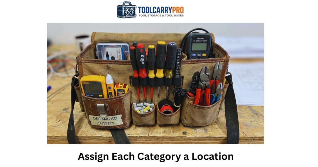 Organized electrician tool bag on a workbench showing categorized placement of Wiha screwdrivers, Klein tools, Knipex pliers, Fluke multimeter, voltage tester, wire nuts, electrical tape, fiber optic kit, and EV charger tester in separate pockets
