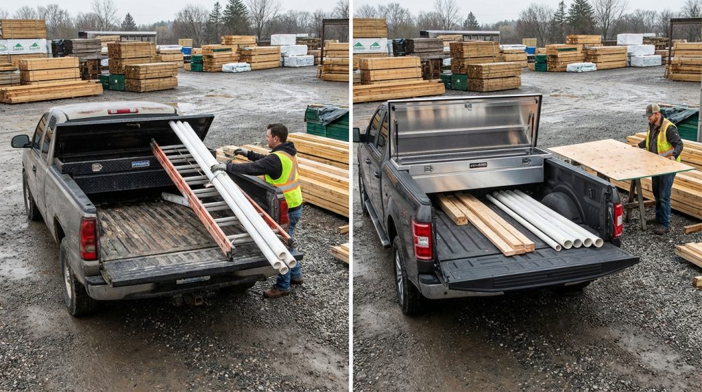 Construction worker struggling to load a ladder and pipes into a truck bed with a standard crossover toolbox blocking clearance on the left, compared to a worker easily sliding lumber and pipes flat into a truck bed fitted with a low profile aluminum tool chest on the right