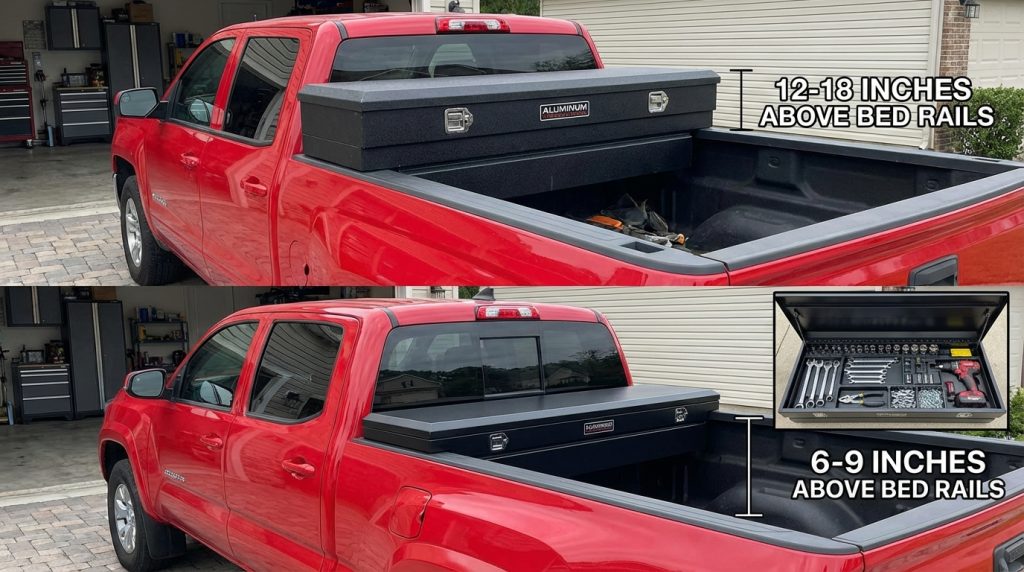 Side by side comparison of a standard crossover toolbox sitting 12 to 18 inches above truck bed rails versus a low profile truck tool chest sitting only 6 to 9 inches above the rails on a red Chevrolet pickup