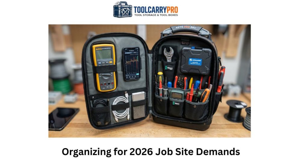 Veto Pro Pac Tech Pac tool bag open on a workbench showing app-connected Fluke multimeter synced to smartphone diagnostics, dedicated charger cable slots, Wera Joker wrenches, and Jonard fiber optic kit stored in protected deep compartments