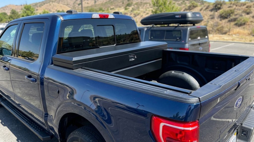 Matte black low profile truck tool chest mounted flush on the bed rails of a blue Ford F-150, sitting low and clean without obstructing the rear window or cab visibility