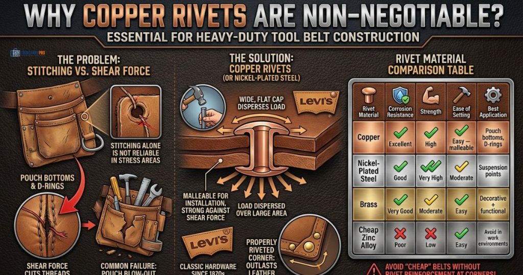 Infographic explaining why copper rivets are essential for heavy-duty leather tool belt construction, showing stitching failure points, rivet load distribution, and a comparison table of rivet materials including copper, nickel-plated steel, brass, and zinc alloy